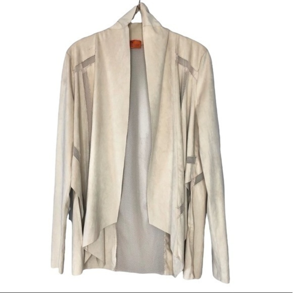 Patrizia Luca Beige Faux Suede Leather Mesh Blazer Lightweight Cardigan Jacket